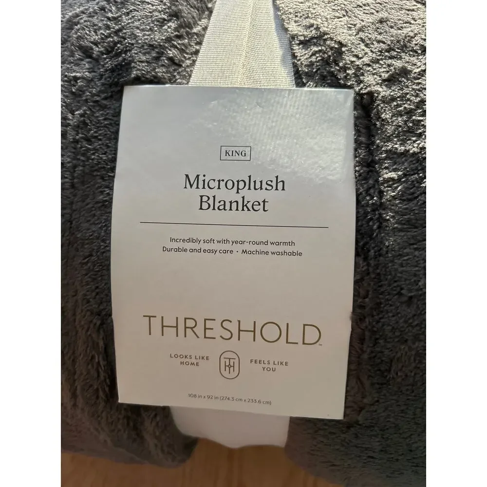New Threshold Microplush Dark Gray Fleece Blanket Soft!! king size 108”x92”